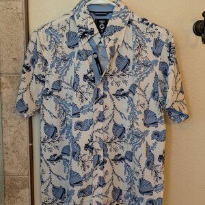 Fried Denim Shirt Mens Small Blue White Floral Button Up Slim Fit Tech NWT